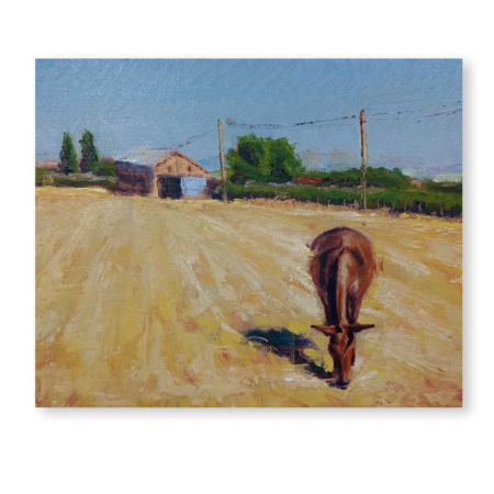 Detalle de paisaje en una pintura de Yohan Pixone, con campo seco, verdes y atmósfera rural en Las Gabias.