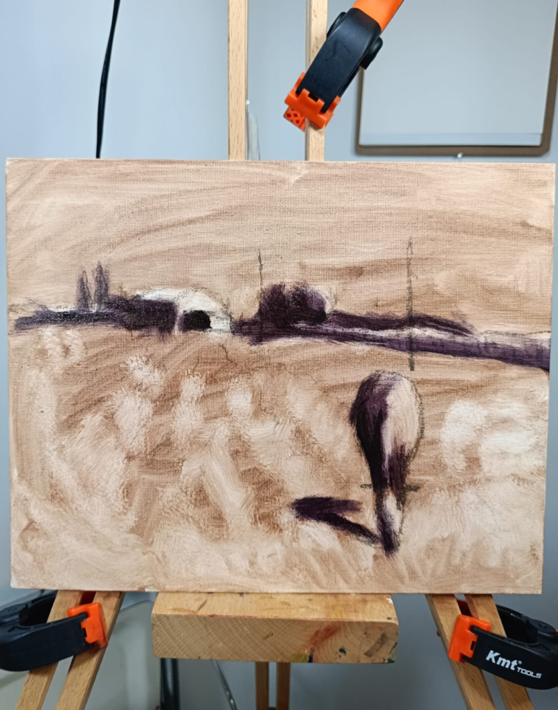 Detalle de paisaje en una pintura de Yohan Pixone, con campo seco, verdes y atmósfera rural en Las Gabias.