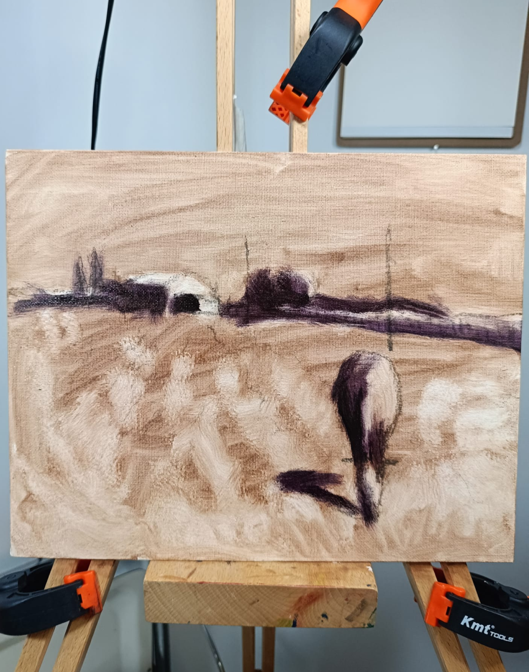 Detalle de paisaje en una pintura de Yohan Pixone, con campo seco, verdes y atmósfera rural en Las Gabias.