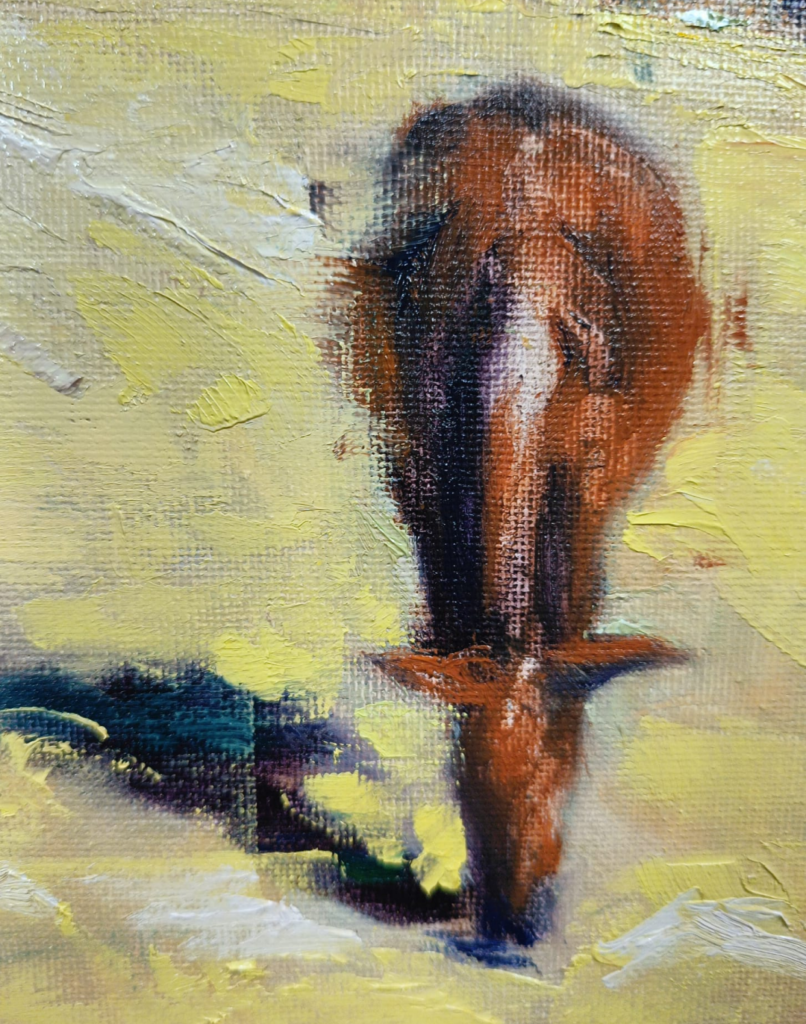Registro de proceso de Yohan Pixone para una pintura de caballo en Las Gabias, con notas sobre campo, color y presencia silenciosa.