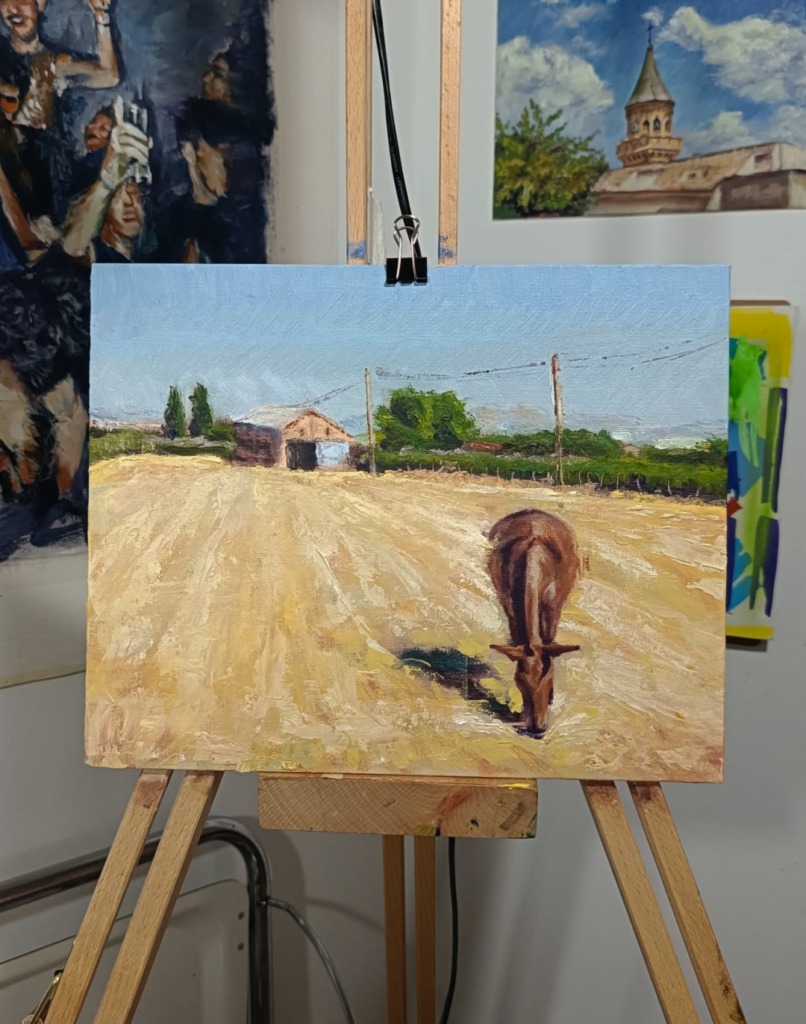Registro de proceso de Yohan Pixone para una pintura de caballo en Las Gabias, con notas sobre campo, color y presencia silenciosa.