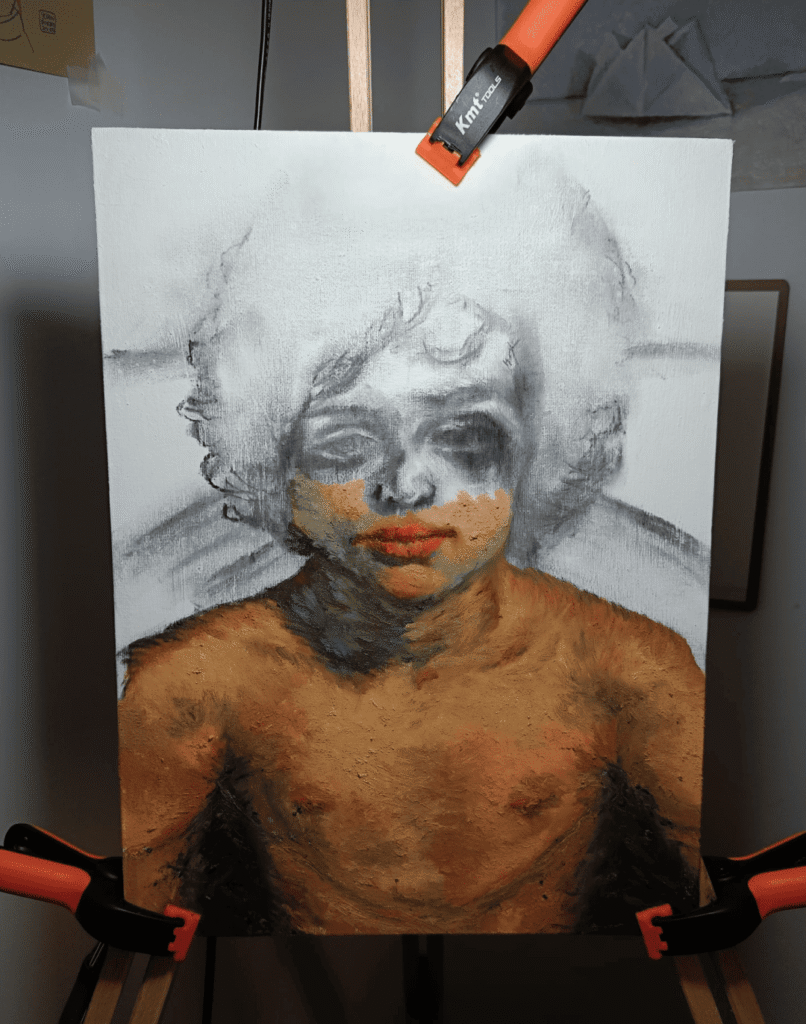 Detalle pictórico de bordes perdidos y atmósfera suave en una obra figurativa de Yohan Pixone.