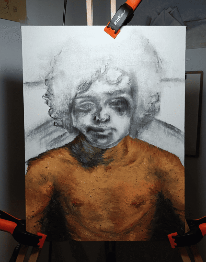 Detalle pictórico de bordes perdidos y atmósfera suave en una obra figurativa de Yohan Pixone.