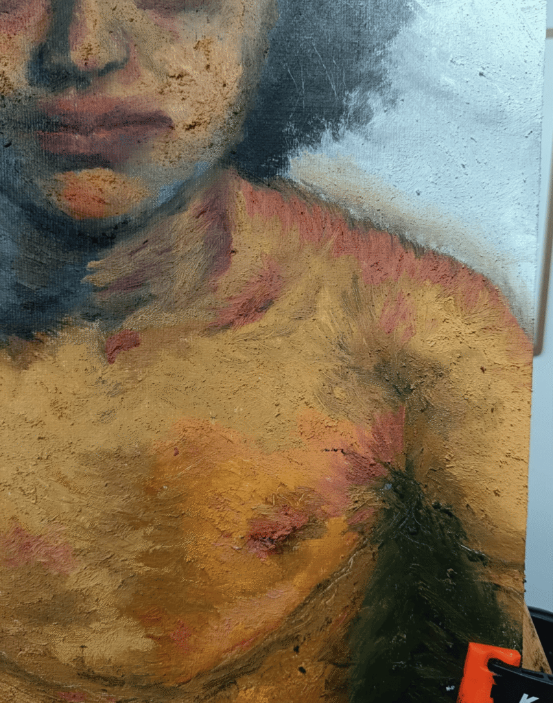 Detalle de figura y fondo en una obra proceso de Yohan Pixone, explorando bordes perdidos y transición atmosférica.