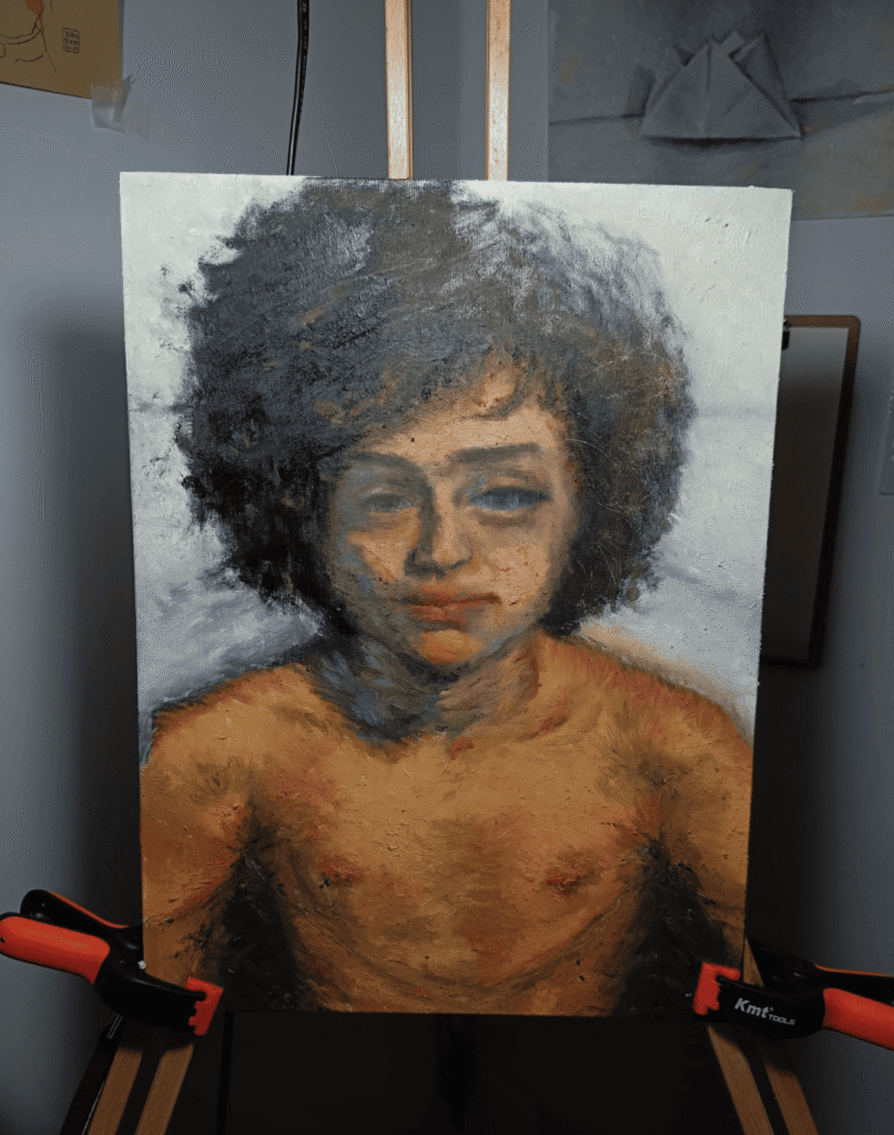 Obra proceso de Yohan Pixone vinculada a Despertar del Ideal, con figura humana integrada en una atmósfera pictórica suave.