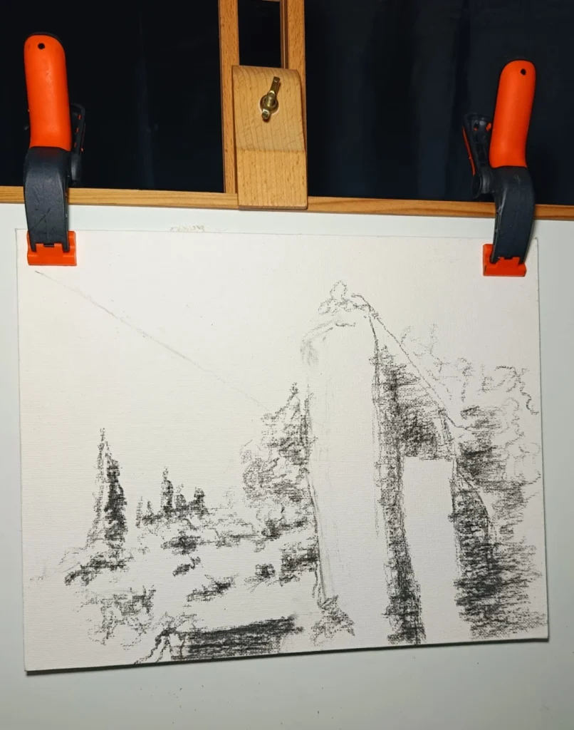 Obra proceso de Yohan Pixone con ruina, vegetación y cielo, realizada con técnica accidental, espátula y contraste simultáneo.
