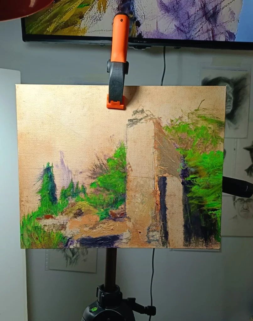 Obra proceso de Yohan Pixone con ruina, vegetación y cielo, realizada con técnica accidental, espátula y contraste simultáneo.