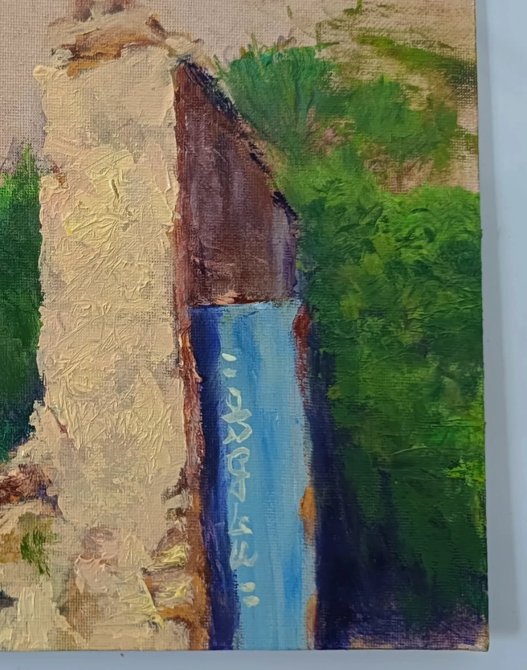 Detalle de pintura con espátula de Yohan Pixone, explorando verdes, textura y técnica accidental en una obra de proceso.