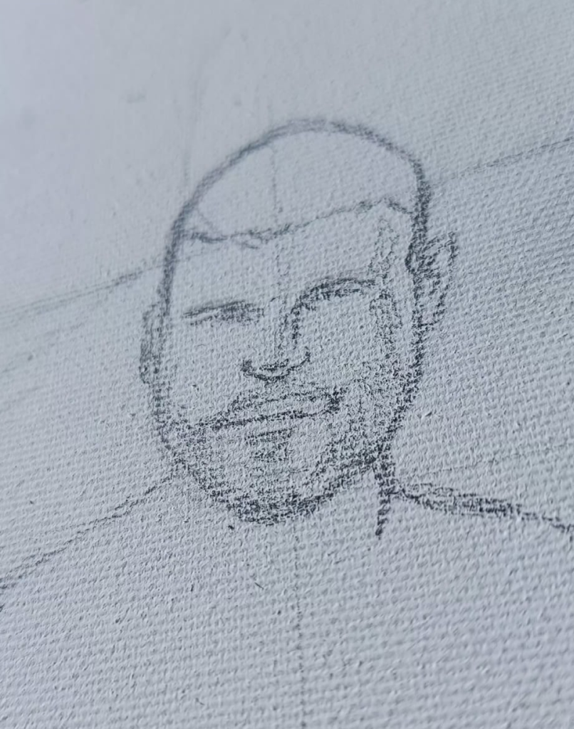 Detalle de pintura figurativa por encargo de Yohan Pixone, con cuerpo masculino, toalla azul y perro en la playa.