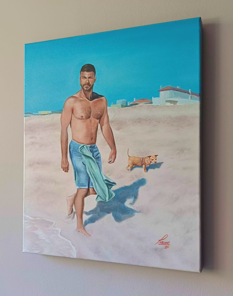 Pintura por encargo de Yohan Pixone con figura masculina en la playa y un perro, realizada como obra personalizada.