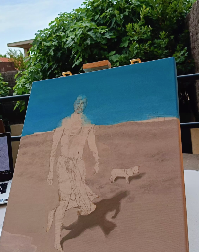Detalle de pintura figurativa por encargo de Yohan Pixone, con cuerpo masculino, toalla azul y perro en la playa.