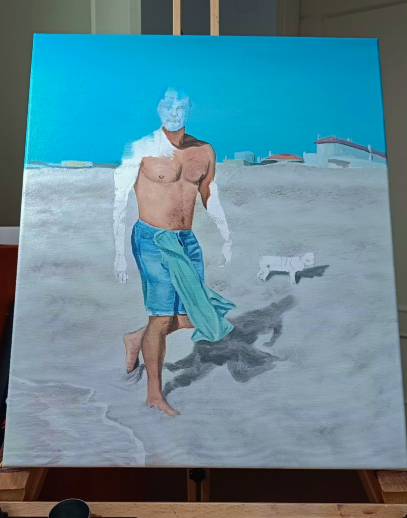 Proceso de pintura por encargo de Yohan Pixone, con figura masculina en la playa y perro en una escena de verano.