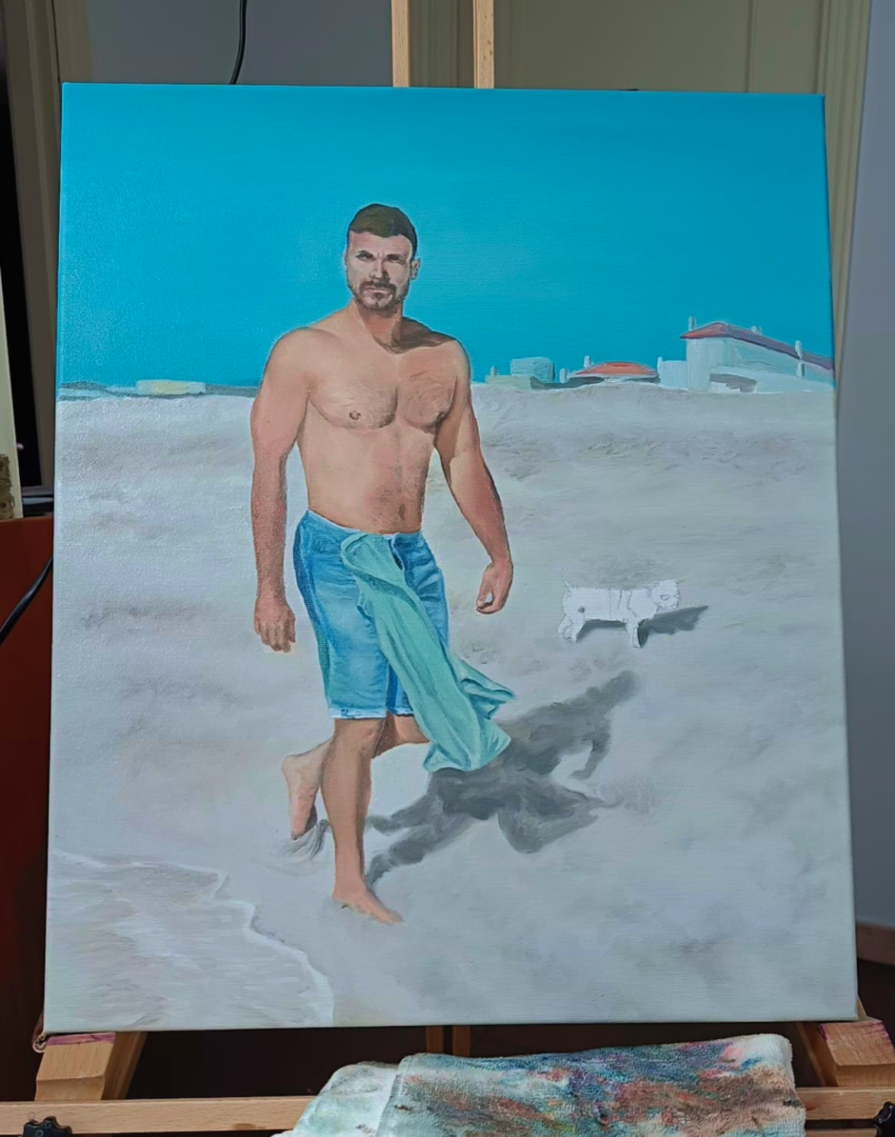 Proceso de pintura por encargo de Yohan Pixone, con figura masculina en la playa y perro en una escena de verano.