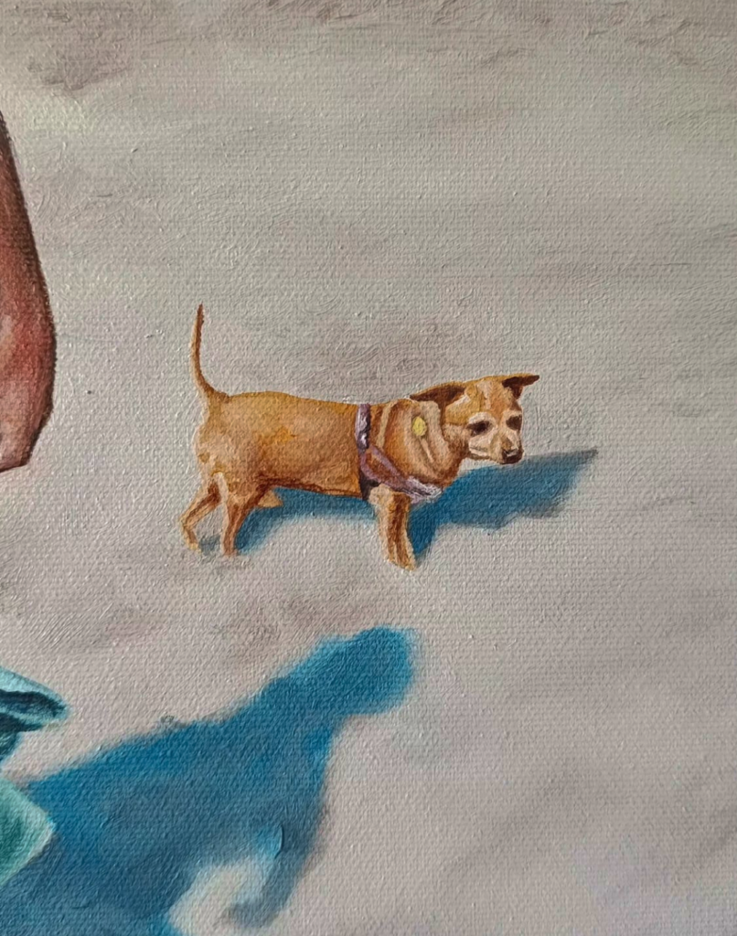 Proceso de pintura por encargo de Yohan Pixone, con figura masculina en la playa y perro en una escena de verano.