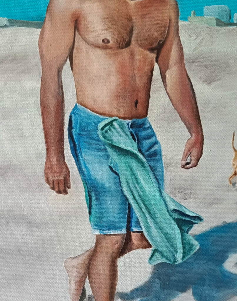 Pintura por encargo de Yohan Pixone con figura masculina en la playa y un perro, realizada como obra personalizada.