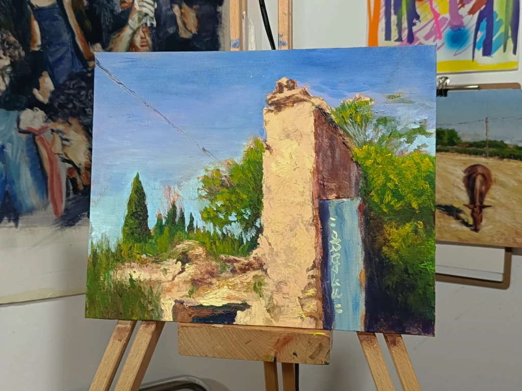 Detalle de pintura con espátula de Yohan Pixone, explorando verdes, textura y técnica accidental en una obra de proceso.