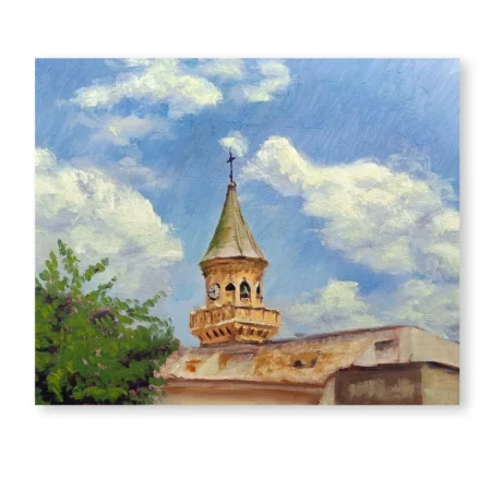Detalle de la torre de iglesia de Las Gabias en una pintura de paisaje de Yohan Pixone.