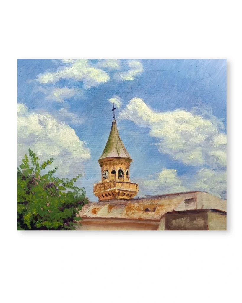 Detalle de la torre de iglesia de Las Gabias en una pintura de paisaje de Yohan Pixone.