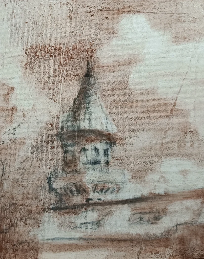 Pintura de paisaje de Las Gabias realizada por Yohan Pixone, con torre de iglesia, cielo azul, nubes y masa vegetal.