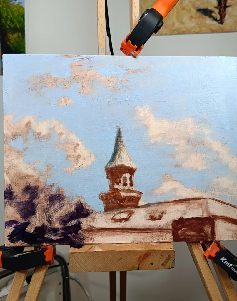 Detalle de cielo azul y nubes en una pintura de paisaje de Las Gabias realizada por Yohan Pixone.