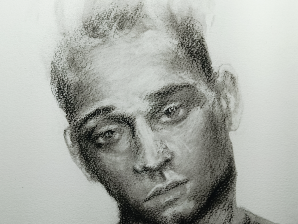 Dibujo de rostro masculino de Yohan Pixone, explorando presencia ausente, mirada desviada y contención emocional.
