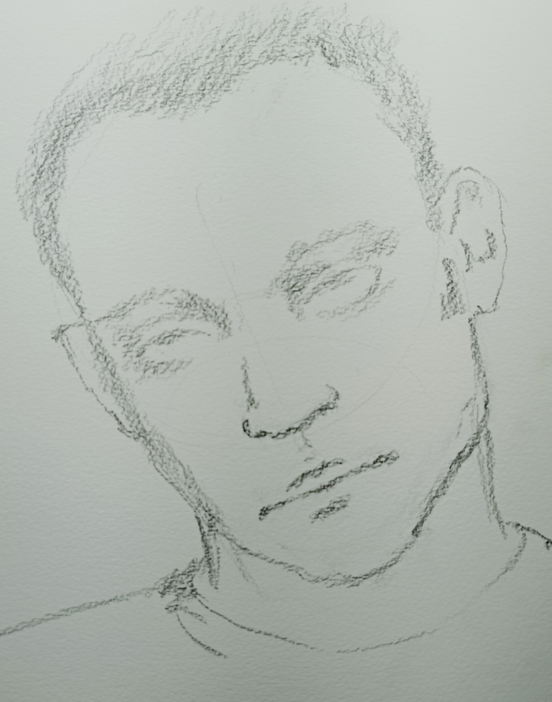 Detalle de desvanecimiento en un dibujo de rostro masculino de Yohan Pixone, usado como recurso emocional.