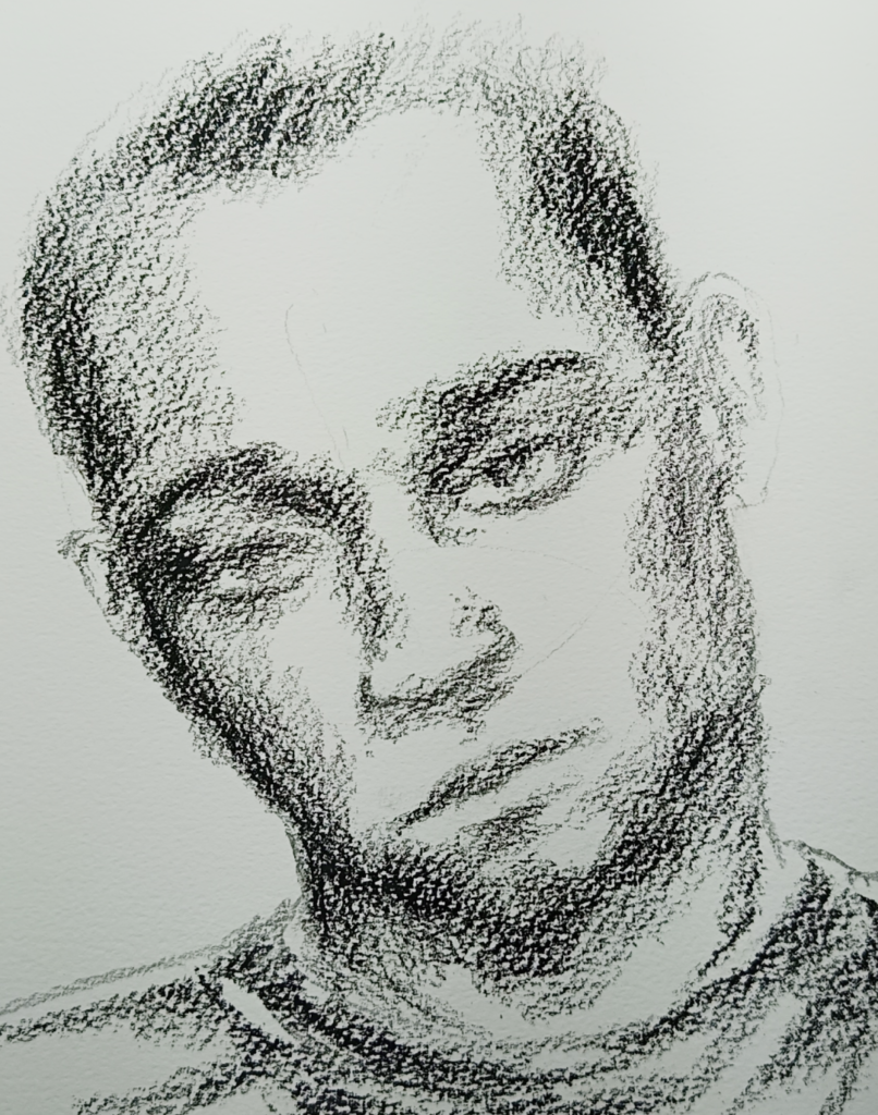 Detalle de desvanecimiento en un dibujo de rostro masculino de Yohan Pixone, usado como recurso emocional.
