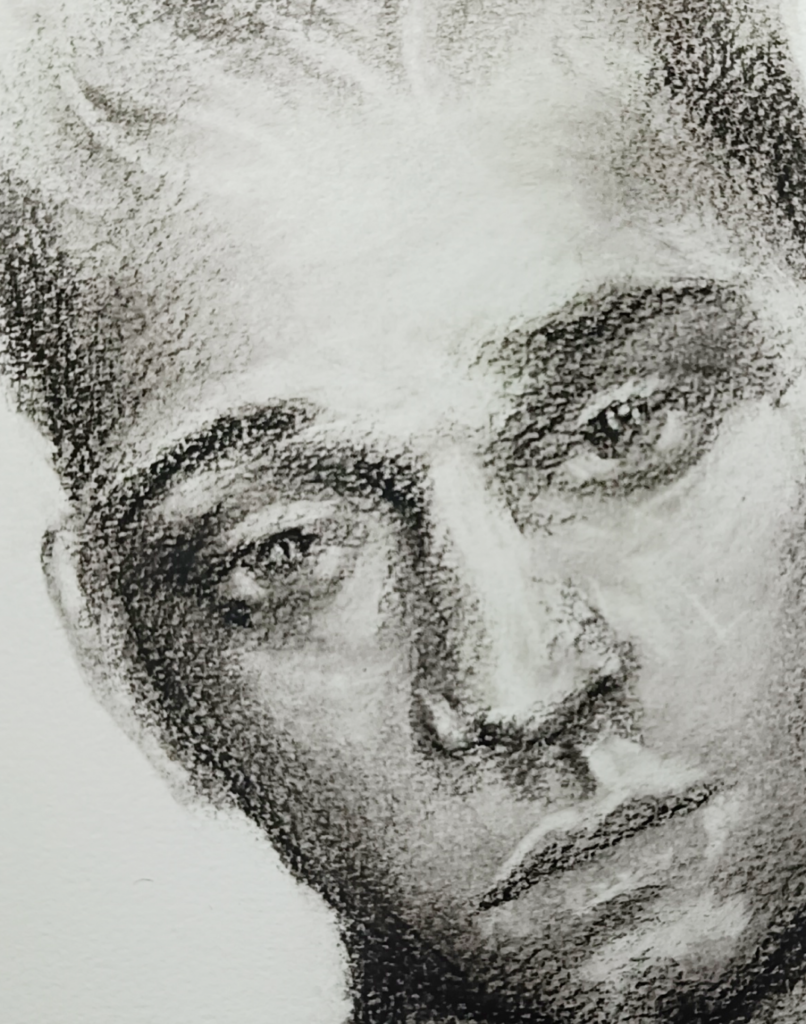 Detalle de mirada desviada y boca contenida en un dibujo de rostro masculino de Yohan Pixone.