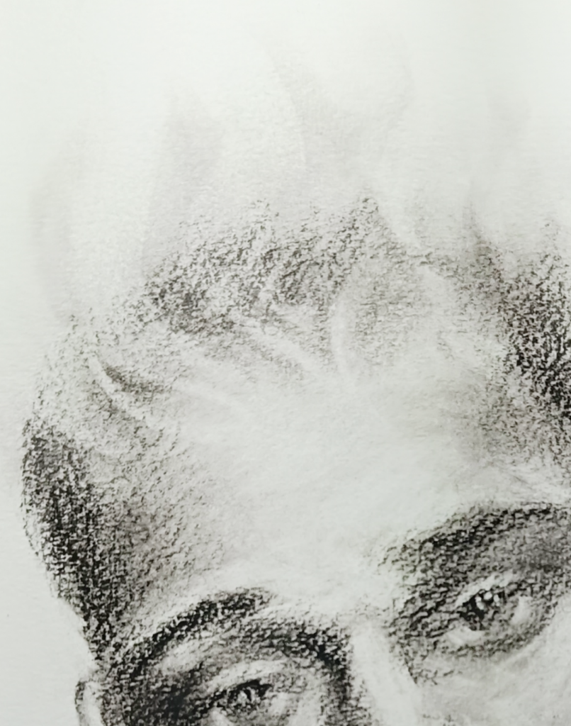 Dibujo de rostro masculino de Yohan Pixone, explorando presencia ausente, mirada desviada y contención emocional.