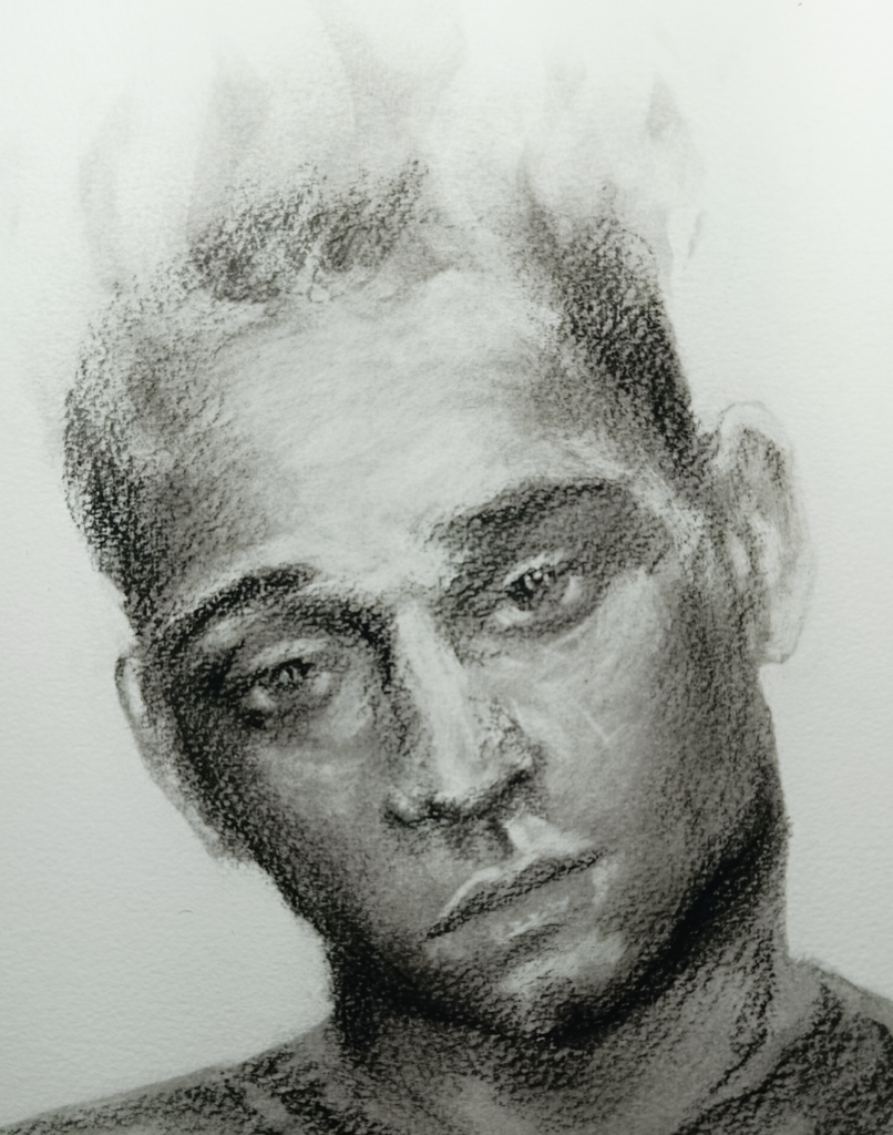 Dibujo de rostro masculino de Yohan Pixone, explorando presencia ausente, mirada desviada y contención emocional.