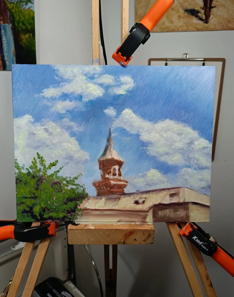 Detalle de la torre de iglesia de Las Gabias en una pintura de paisaje de Yohan Pixone.