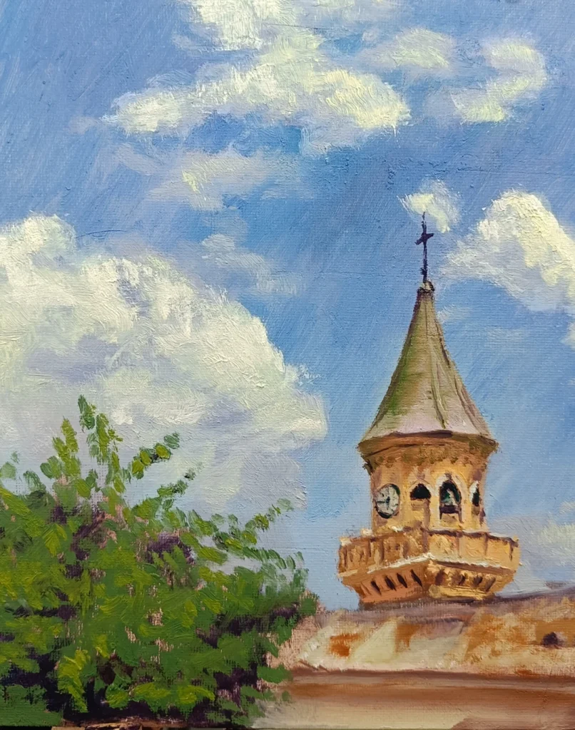Detalle de la torre de iglesia de Las Gabias en una pintura de paisaje de Yohan Pixone.