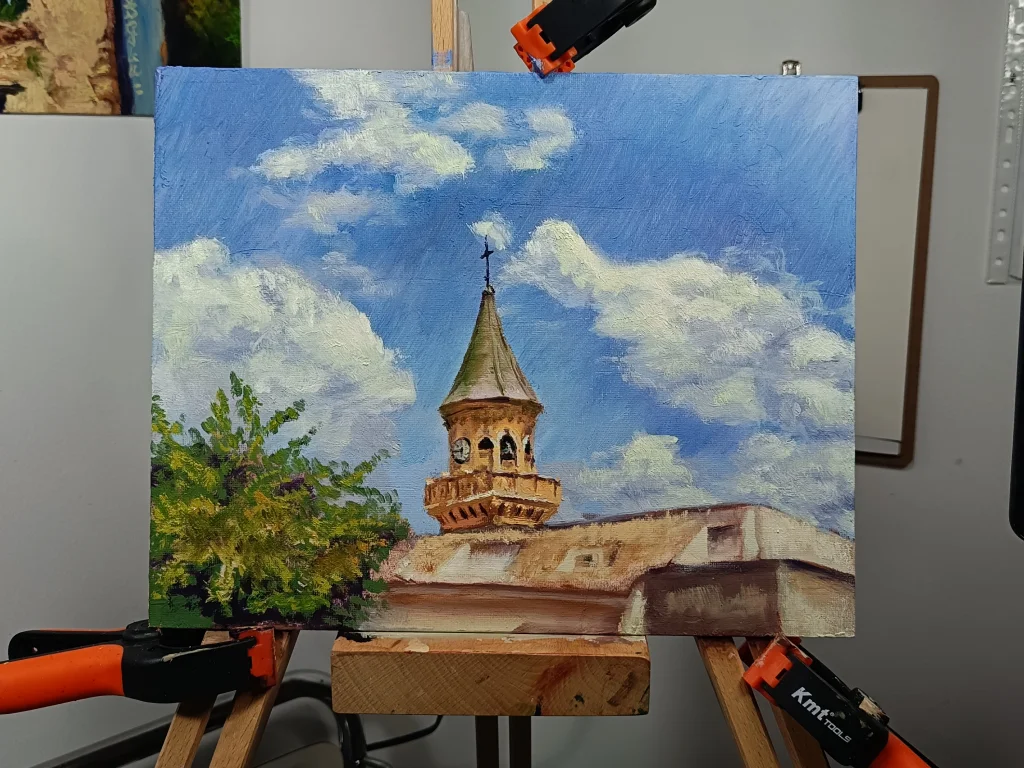 Detalle de la torre de iglesia de Las Gabias en una pintura de paisaje de Yohan Pixone.