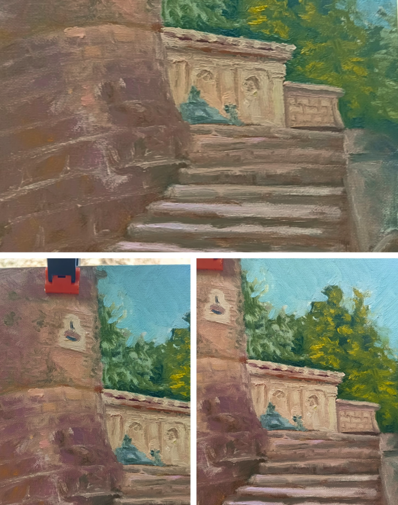 Pintura vertical de Yohan Pixone con escaleras, muro rosado, arquitectura clara, árboles verdes y cielo azul, sobre fondo blanco.
