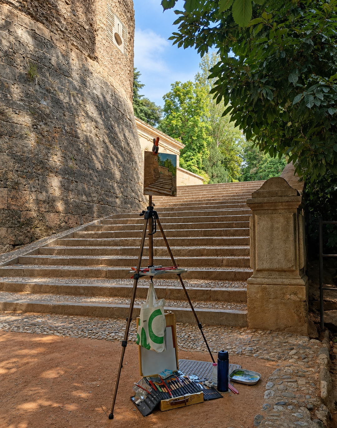 Caballete con una pintura de Yohan Pixone y materiales sobre tierra, frente a unas escaleras en la Alhambra.
