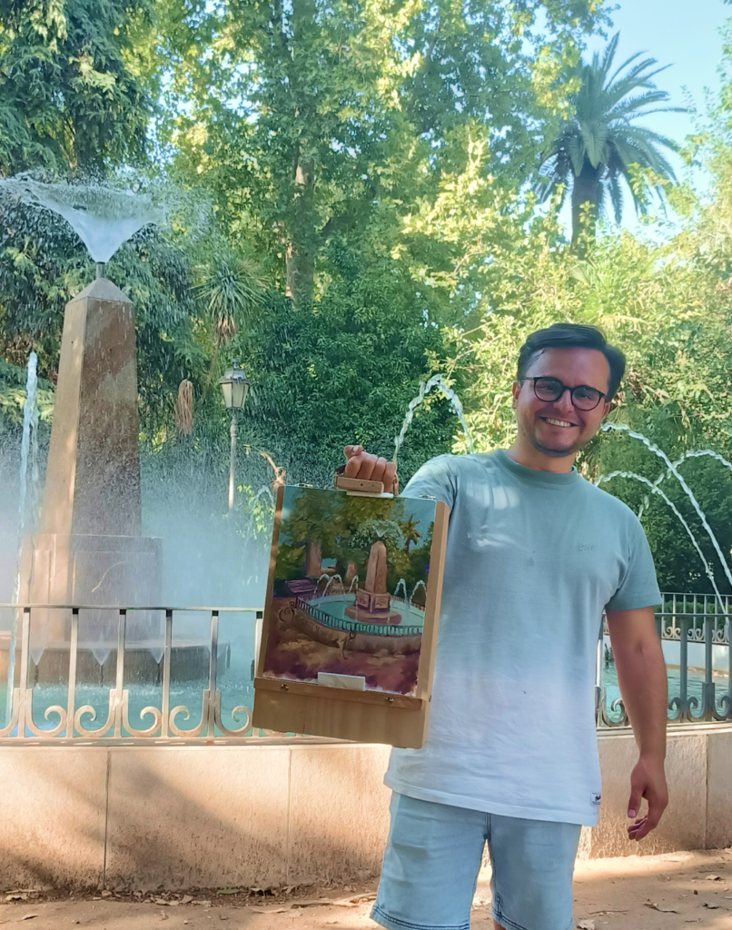Óleo vertical de Yohan Pixone con una fuente y vegetación, realizado durante una sesión de pintura al aire libre en Granada.