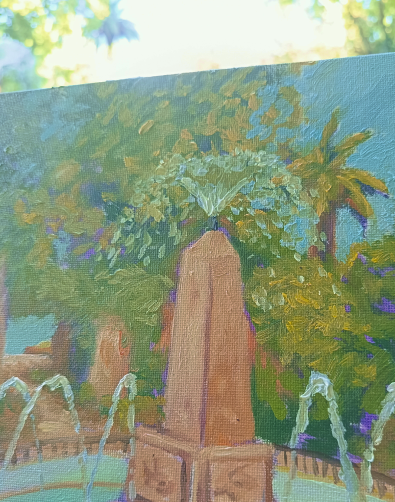 Óleo vertical de Yohan Pixone con una fuente y vegetación, realizado durante una sesión de pintura al aire libre en Granada.