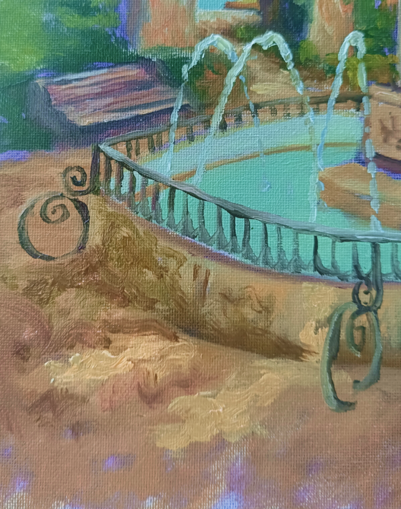 Óleo vertical de Yohan Pixone con una fuente y vegetación, realizado durante una sesión de pintura al aire libre en Granada.