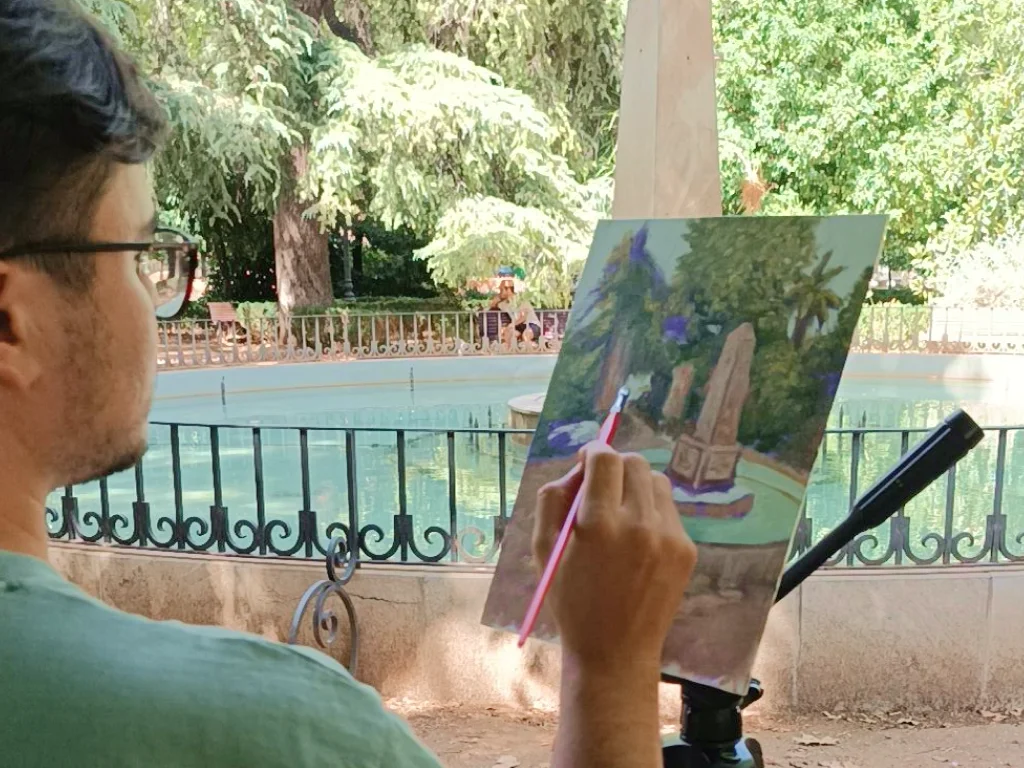Óleo vertical de Yohan Pixone con una fuente y vegetación, realizado durante una sesión de pintura al aire libre en Granada.