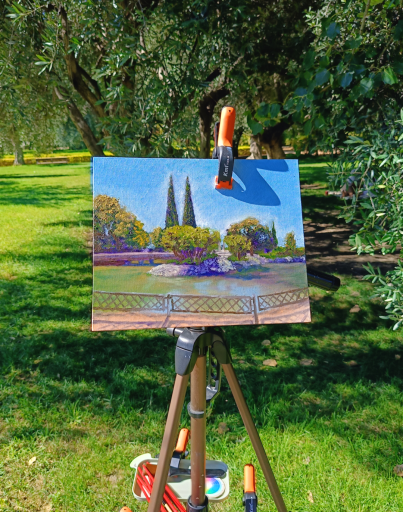 Yohan Pixone durante una sesión de pintura plein air de su Laboratorio de Campo en el Parque Federico García Lorca, Granada.