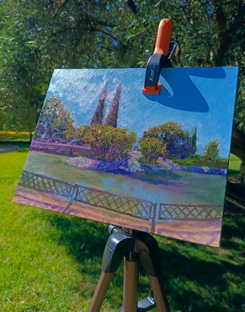 Yohan Pixone durante una sesión de pintura plein air de su Laboratorio de Campo en el Parque Federico García Lorca, Granada.
