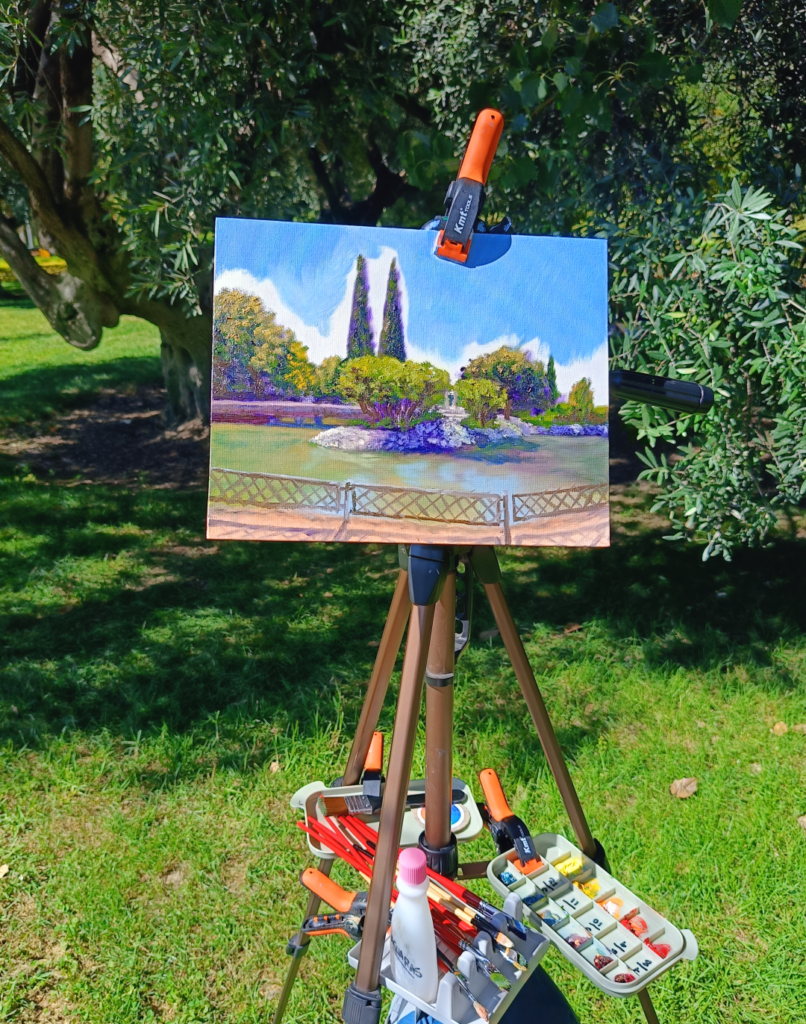 Yohan Pixone durante una sesión de pintura plein air de su Laboratorio de Campo en el Parque Federico García Lorca, Granada.