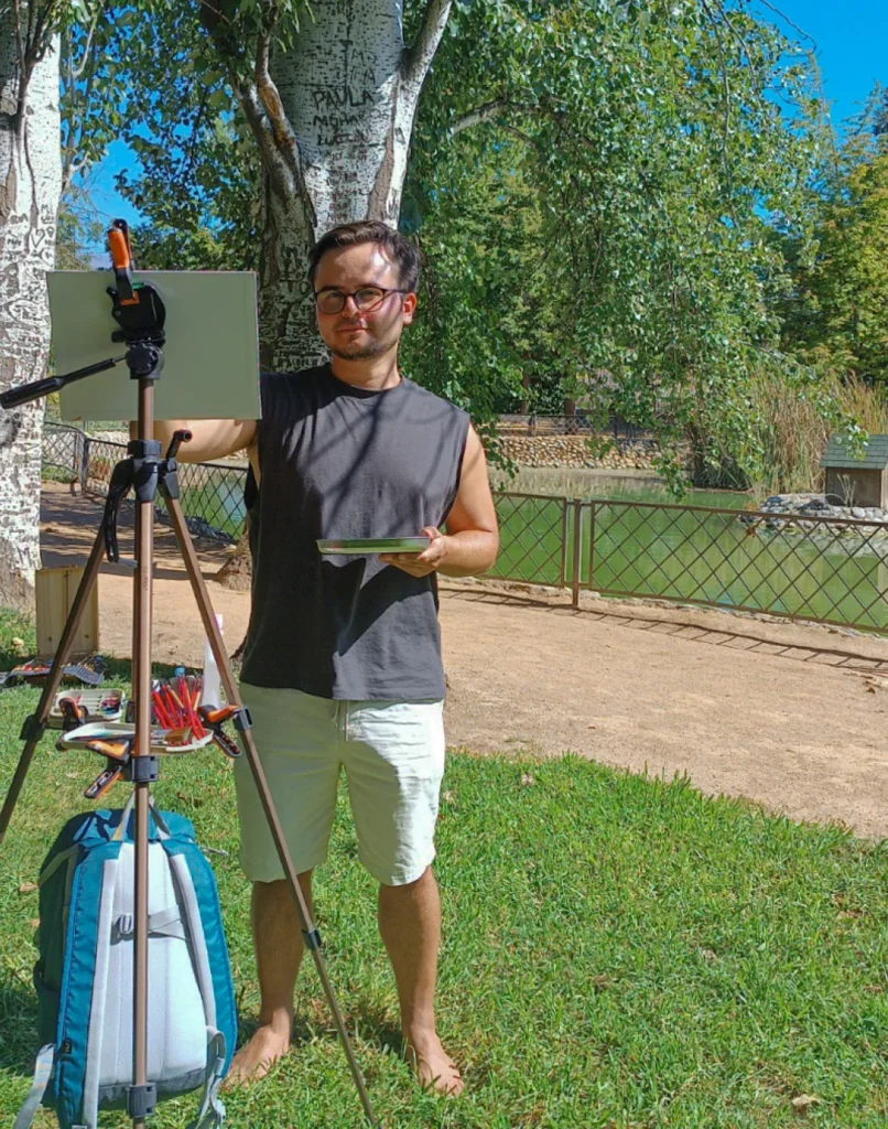Yohan Pixone durante una sesión de pintura plein air de su Laboratorio de Campo en el Parque Federico García Lorca, Granada.