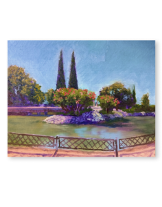 Dos cipreses, pintura al óleo de un estanque con vegetación y reflejos realizada por Yohan Pixone en el Parque Federico García Lorca.