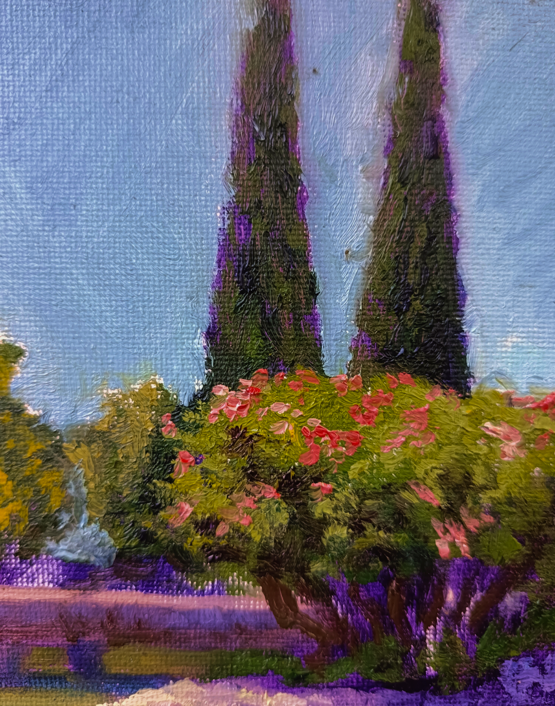 Dos cipreses, pintura al óleo de un estanque con vegetación y reflejos realizada por Yohan Pixone en el Parque Federico García Lorca.