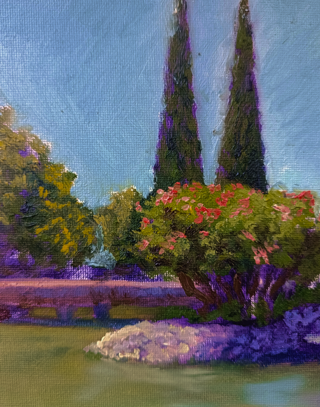Dos cipreses, pintura al óleo de un estanque con vegetación y reflejos realizada por Yohan Pixone en el Parque Federico García Lorca.
