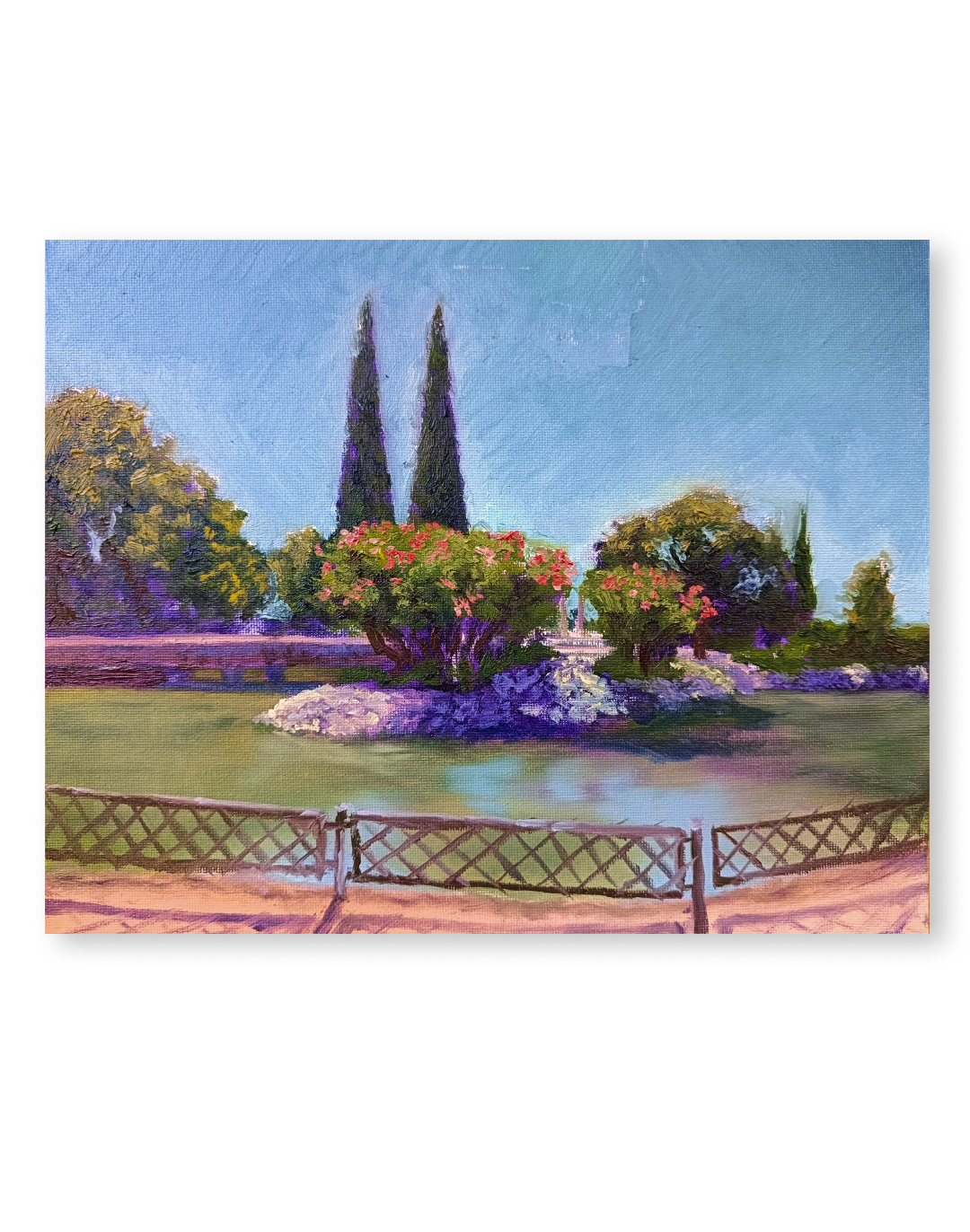 Dos cipreses, pintura al óleo de un estanque con vegetación y reflejos realizada por Yohan Pixone en el Parque Federico García Lorca.