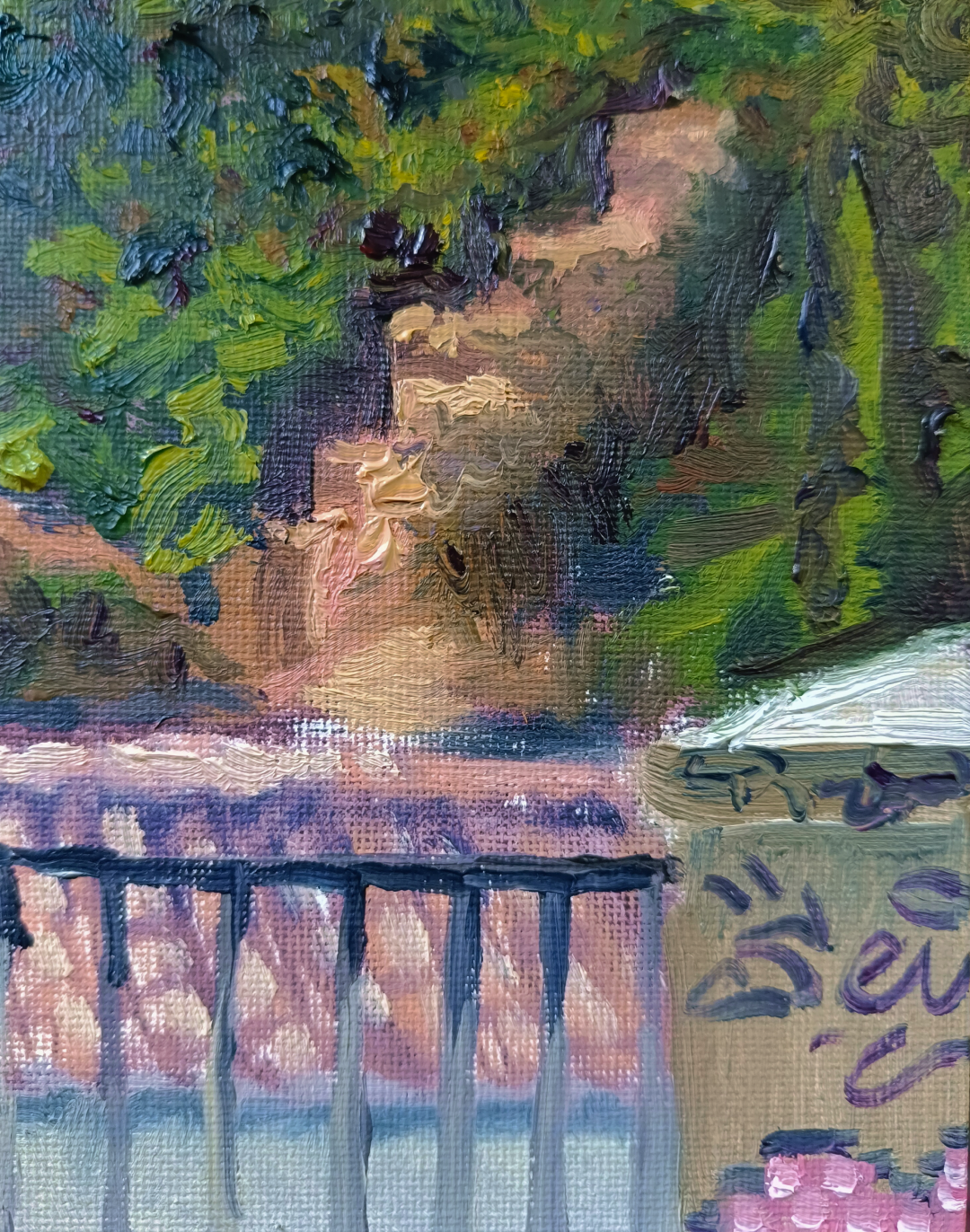 Desde Carvajales, pintura al óleo de Yohan Pixone con la Alhambra vista entre vegetación y tejados desde la Placeta de Carvajales.