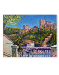 Desde Carvajales, pintura al óleo de Yohan Pixone con la Alhambra vista entre vegetación y tejados desde la Placeta de Carvajales.