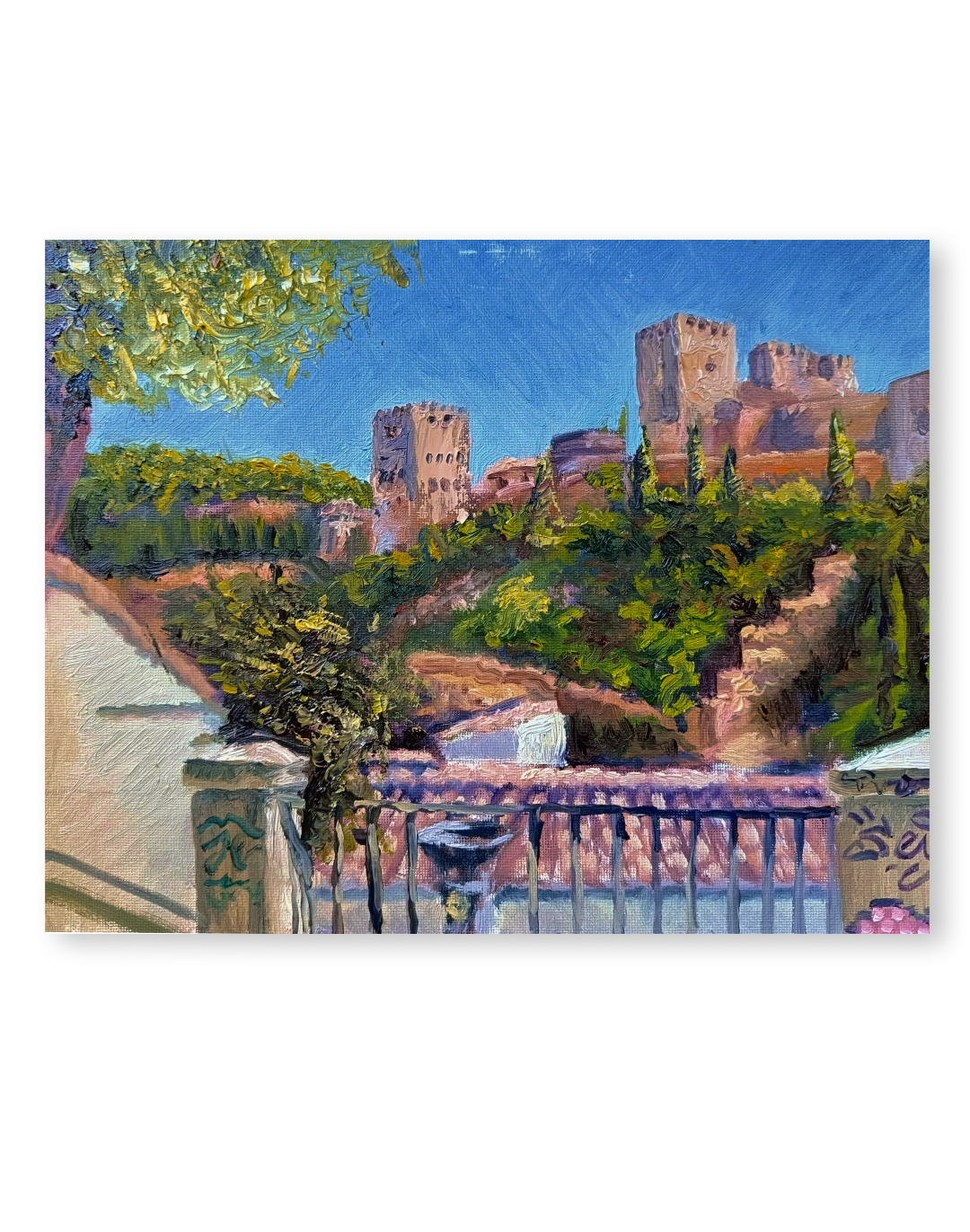 Desde Carvajales, pintura al óleo de Yohan Pixone con la Alhambra vista entre vegetación y tejados desde la Placeta de Carvajales.